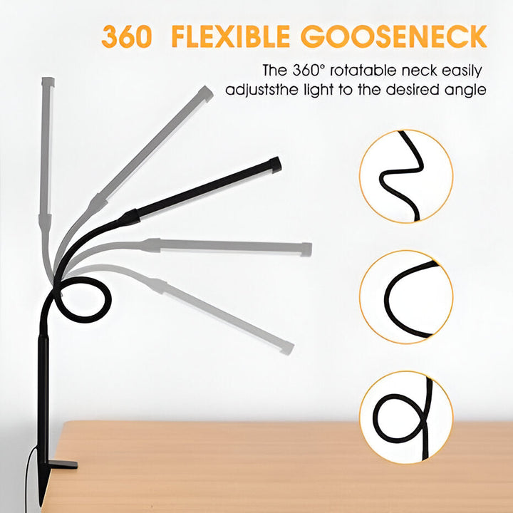 Modern LED clamp lamp for desks, flexible gooseneck, eye-care & dimmable for comfortable reading & work.