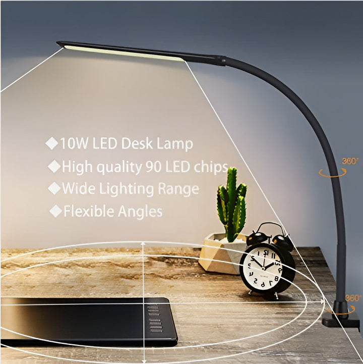 Compact LED desk light, dimmable, with a flexible gooseneck and clamp for versatile and targeted illumination.