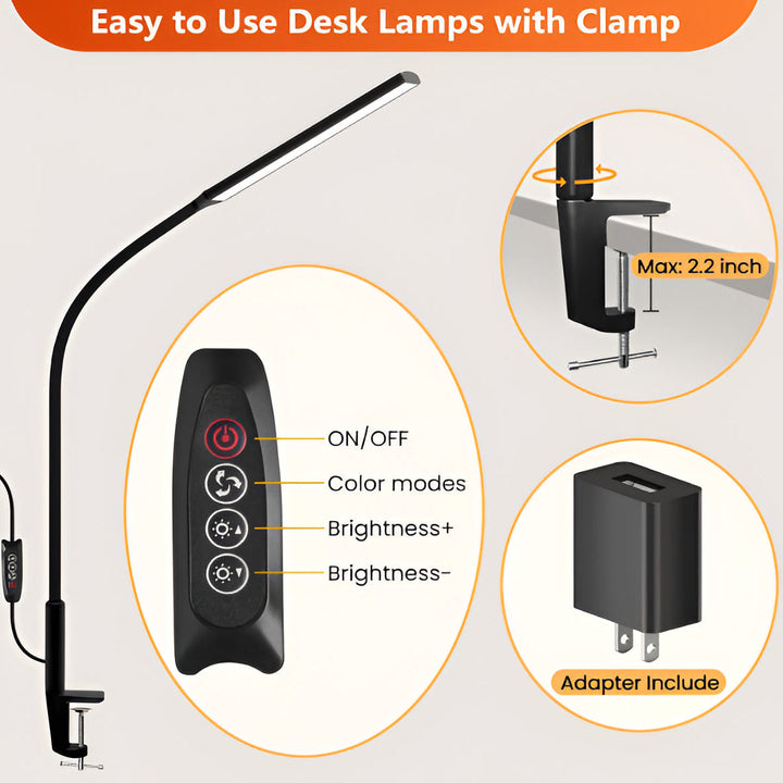 Sleek LED office lamp with flexible gooseneck & clamp, eye-care, dimmable, modern design for productive work.