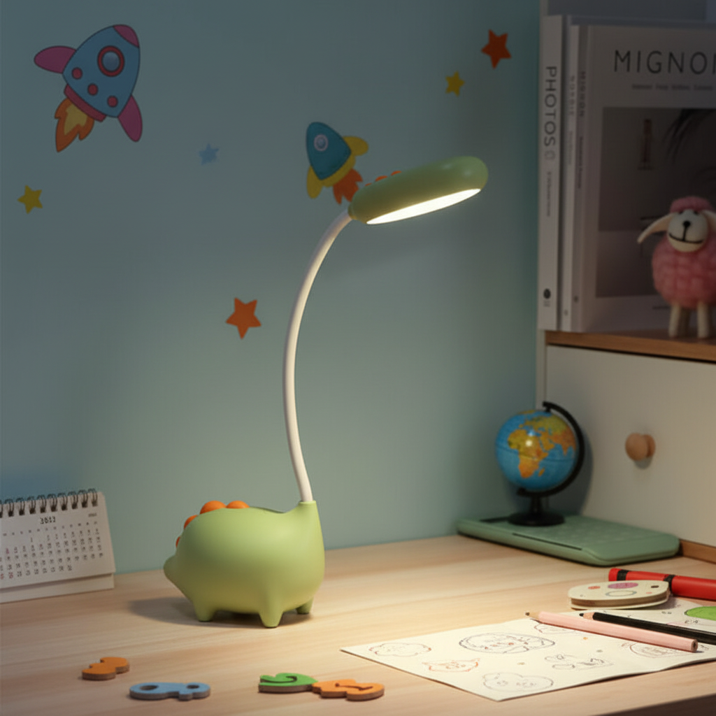 Dinolume LED table lamp with touch control, eye-friendly, for kids room, portable & rechargeable.