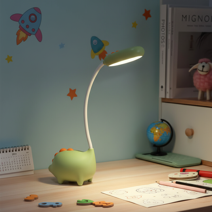 Dinolume LED table lamp with touch control, eye-friendly, for kids room, portable & rechargeable.