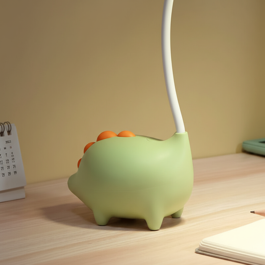 Portable dino LED lamp for kids room, with touch control and eye-friendly illumination.