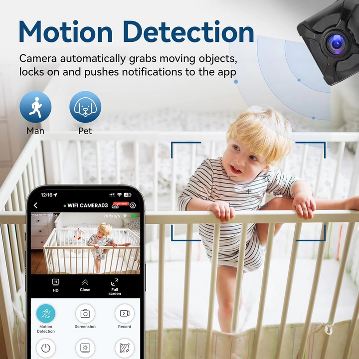 Compact 4K WiFi security camera with rechargeable battery, motion detection for portable home security.