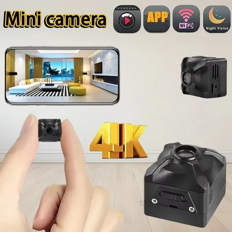 Miniature 4K wireless camera for home security, featuring motion detection and long-lasting battery.