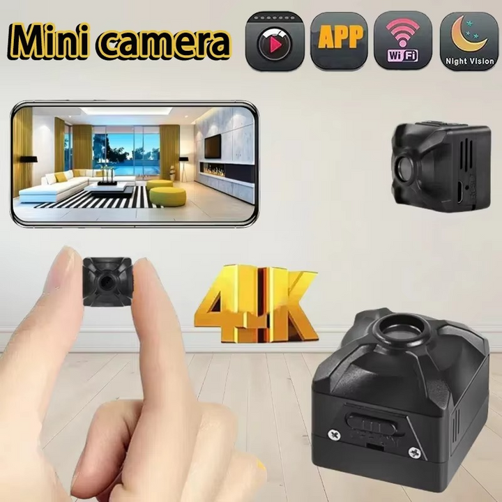 Miniature 4K wireless camera for home security, featuring motion detection and long-lasting battery.
