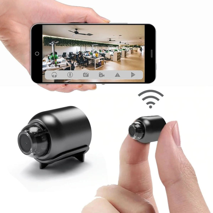 Mini portable WiFi camera for home security, offering clear night vision monitoring.