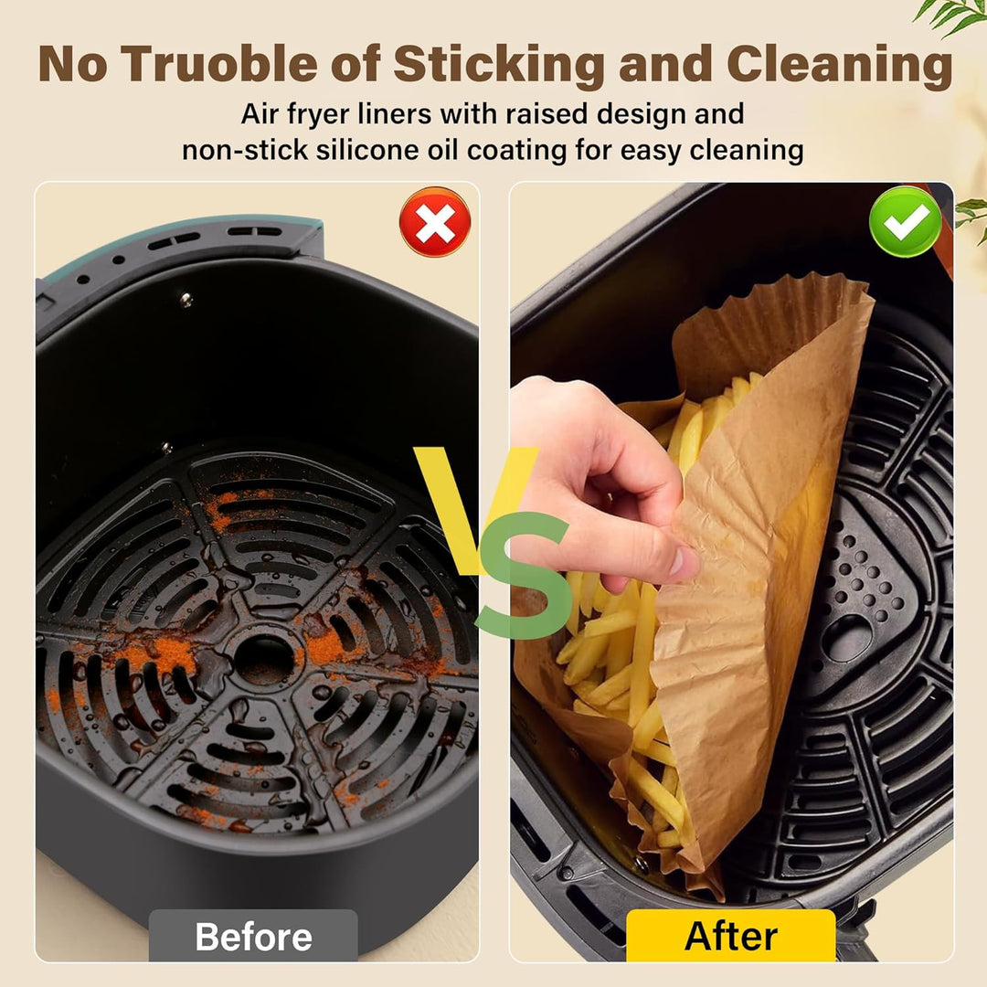 Crispy food cooked on a non-stick disposable air fryer liner, showing no residue