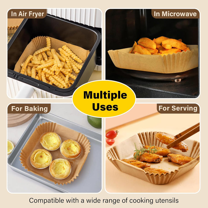 Variety of foods cooked with non-stick air fryer liners, for healthier meals
