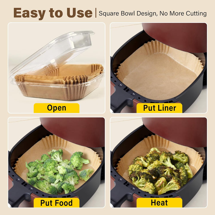 Box of disposable air fryer liners, indicating non-stick and easy clean features