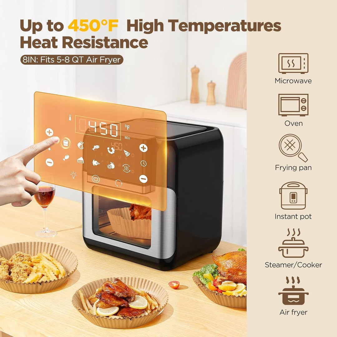 Hand placing a disposable non-stick liner into an air fryer basket, easy to use