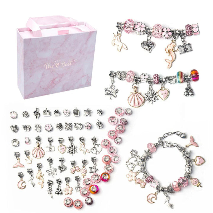 A close-up view of the small, detailed beads and charms included in the DIY bracelet making kit