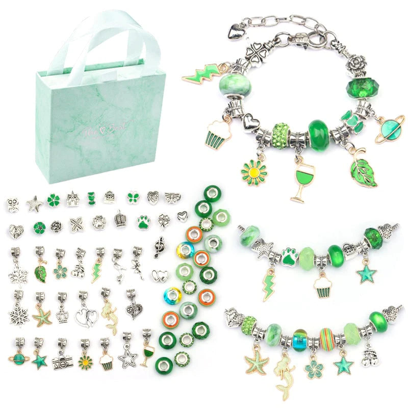 Top-down view of the SparkleBands DIY bracelet kit, displaying a wide range of materials for custom designs