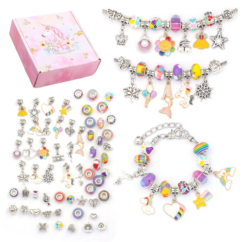 Unisex DIY bracelet making kit laid out with tools and materials for children's crafting fun