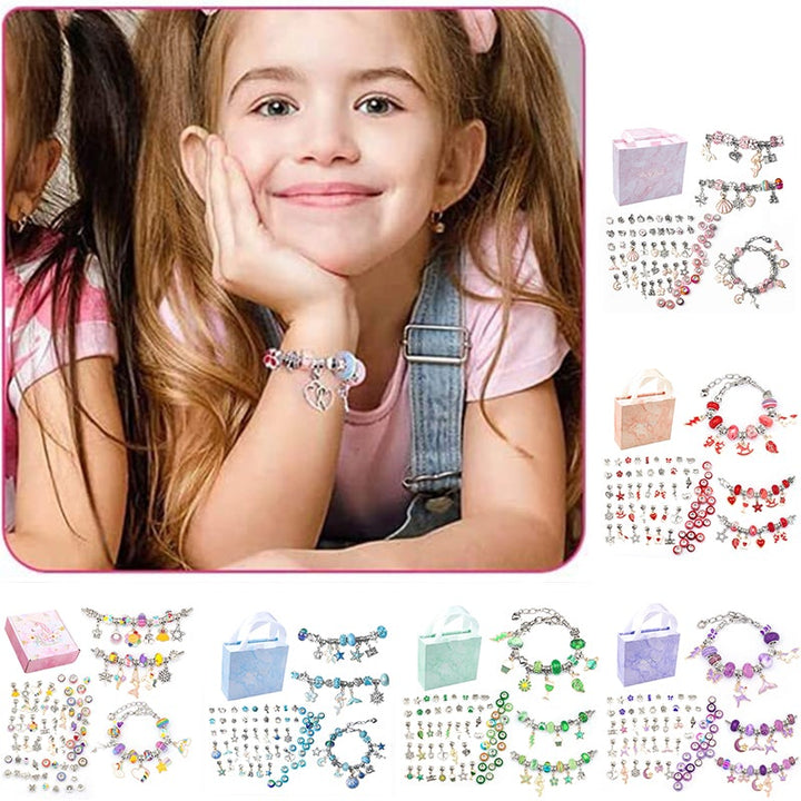 Close-up of a DIY bracelet kit with vibrant beads, alphabet letters, and elastic cord for custom jewelry
