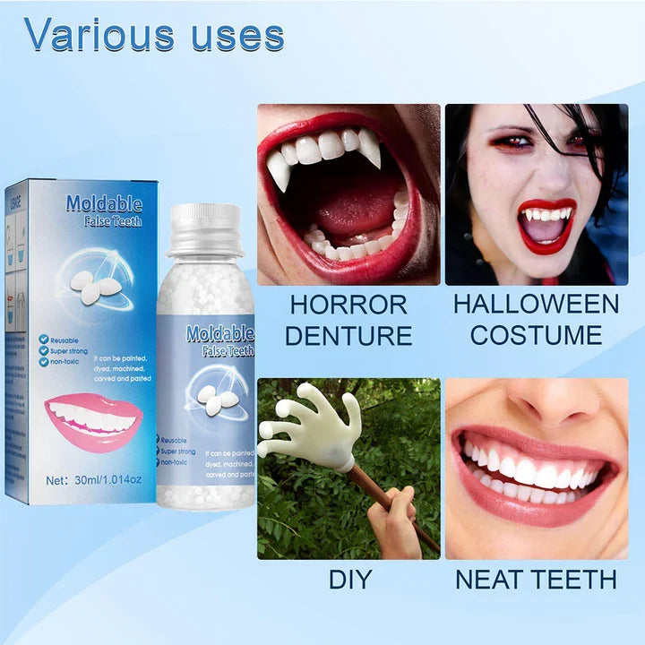 Close-up of moldable false teeth beads. DIY temporary tooth repair for gaps, broken teeth, restoring smile confidence.
