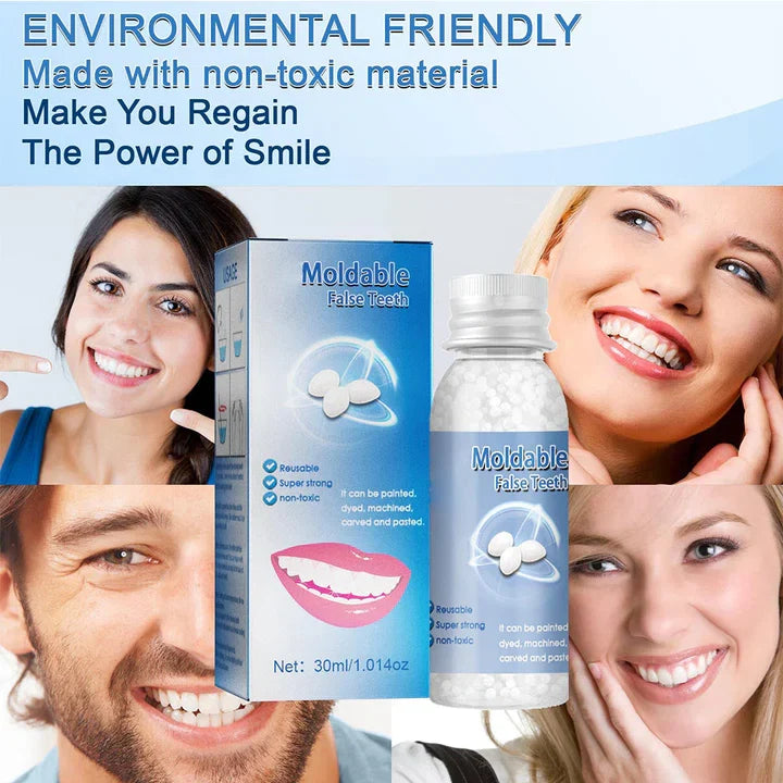 Emergency dental kit: Moldable polymer beads for instant, temporary fix of missing or broken teeth. DIY tooth gap filler.