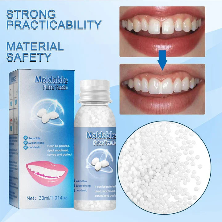 Easy DIY moldable teeth repair kit. Fix missing/broken teeth, fill gaps for a confident, temporary smile. Polymer beads.