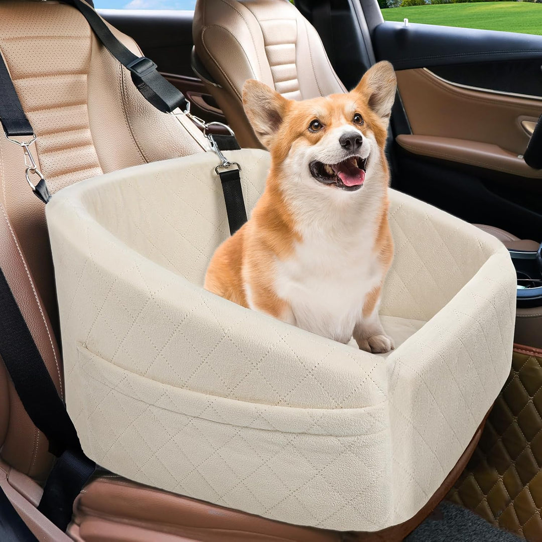 Dog car seat with secure seat belt, storage pockets & plush interior for safe pet travel