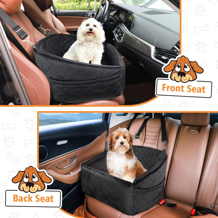 Grey dog car seat, easy to install with seat belt & side pockets for pet accessories