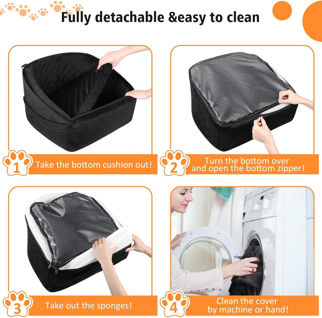 Pet travel dog car seat designed for small pets, featuring seatbelt and storage options