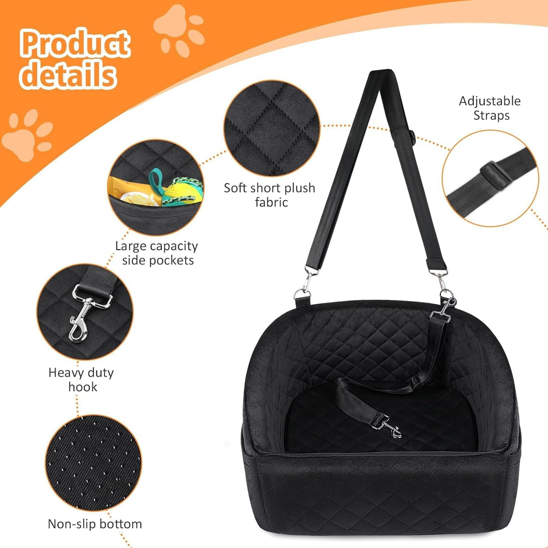 Dog car safety seat with seatbelt strap and built-in storage compartments for essentials