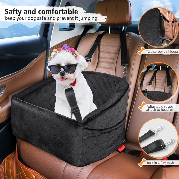 Soft dog car seat bed with seat belt clip and multiple storage pouches for pet supplies