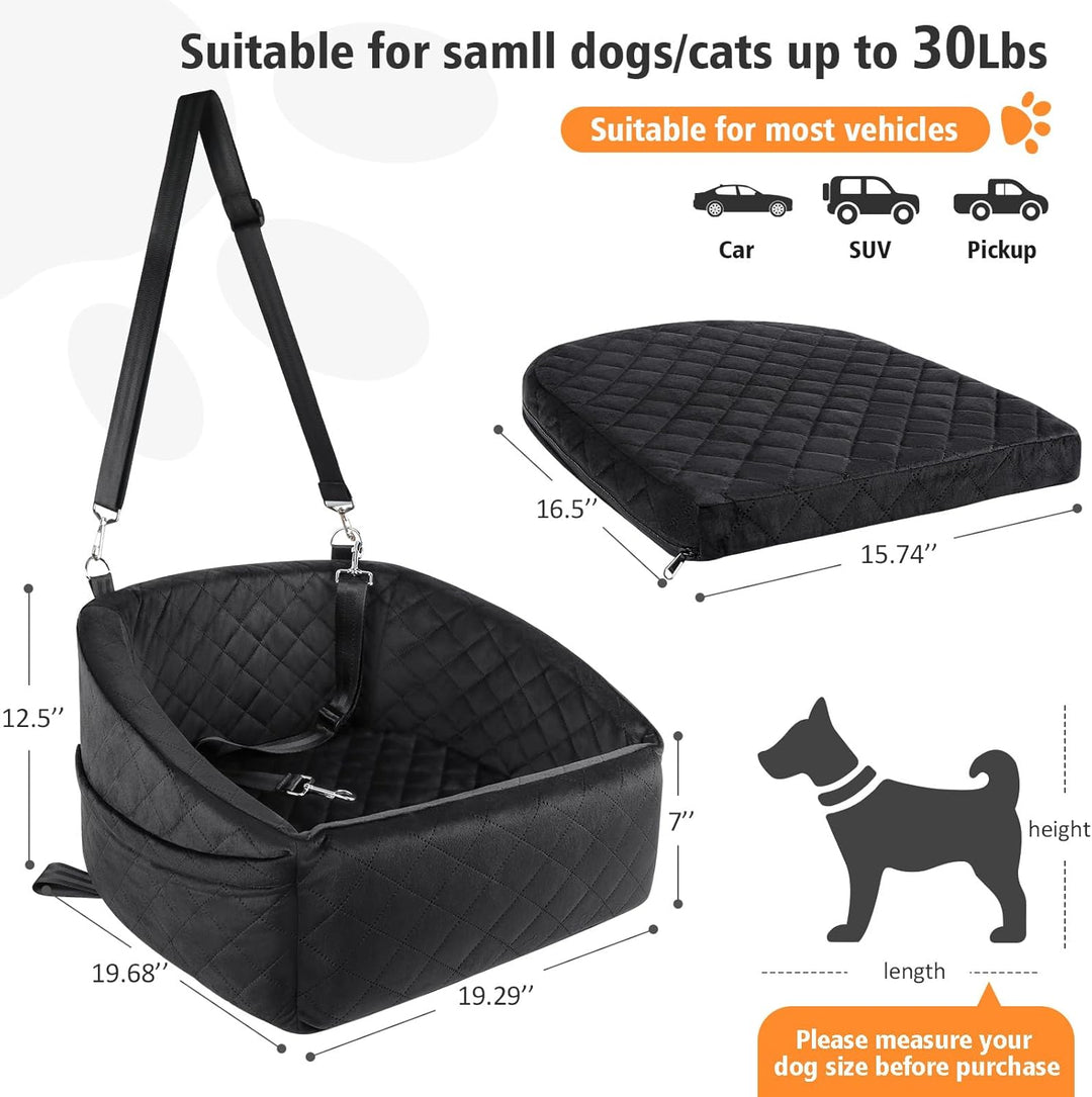 Compact dog car seat with safety belt, perfect for small dogs and car organization