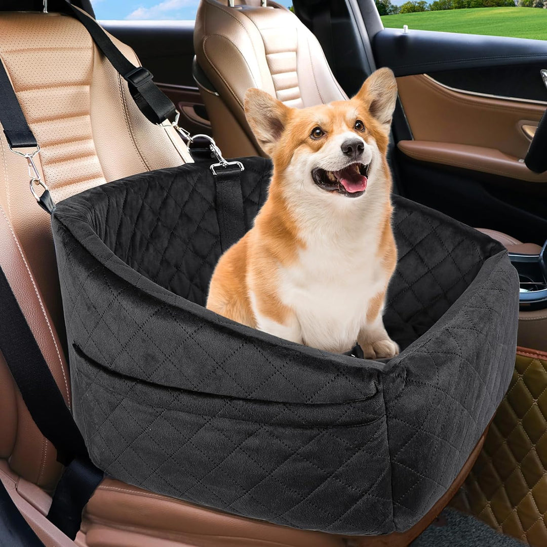 Dog booster car seat with seat belt and practical storage pockets to keep travel neat