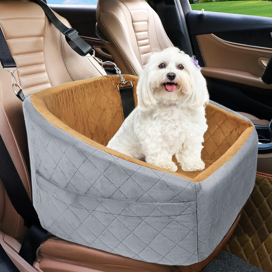 Washable dog car seat for small to medium dogs, featuring seatbelt & car organizer