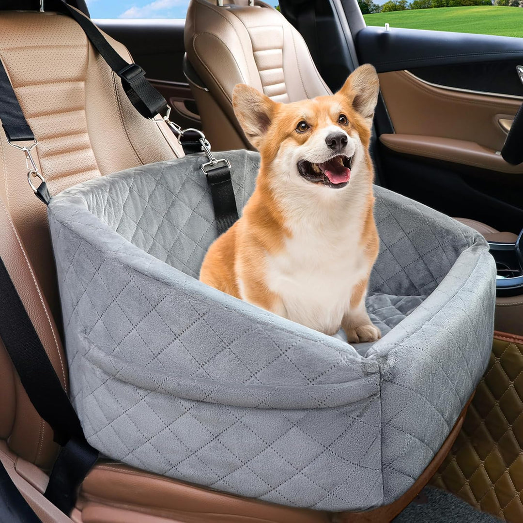 Pet travel dog car seat with adjustable safety belt and convenient side storage for toys
