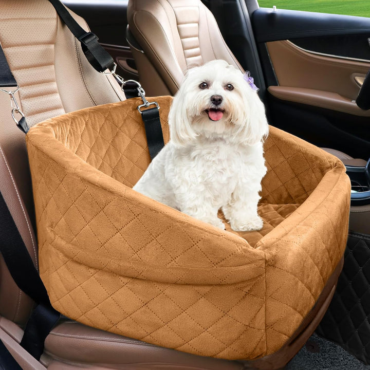 Black dog car seat with seat belt attachment for enhanced dog safety during car rides