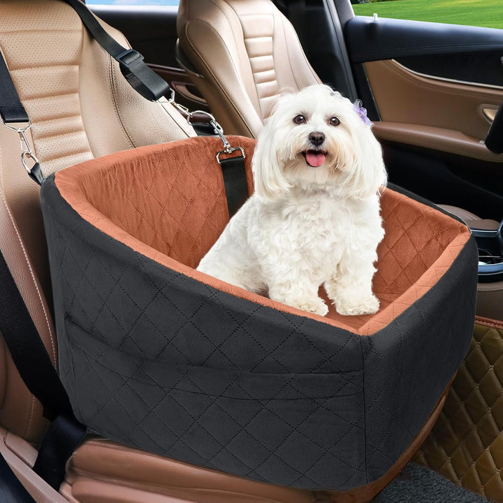 Comfortable dog car booster seat with integrated seatbelt and handy storage compartments