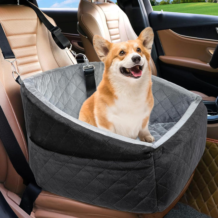 Portable dog car seat with safety strap, ideal for small dogs and pet travel essentials