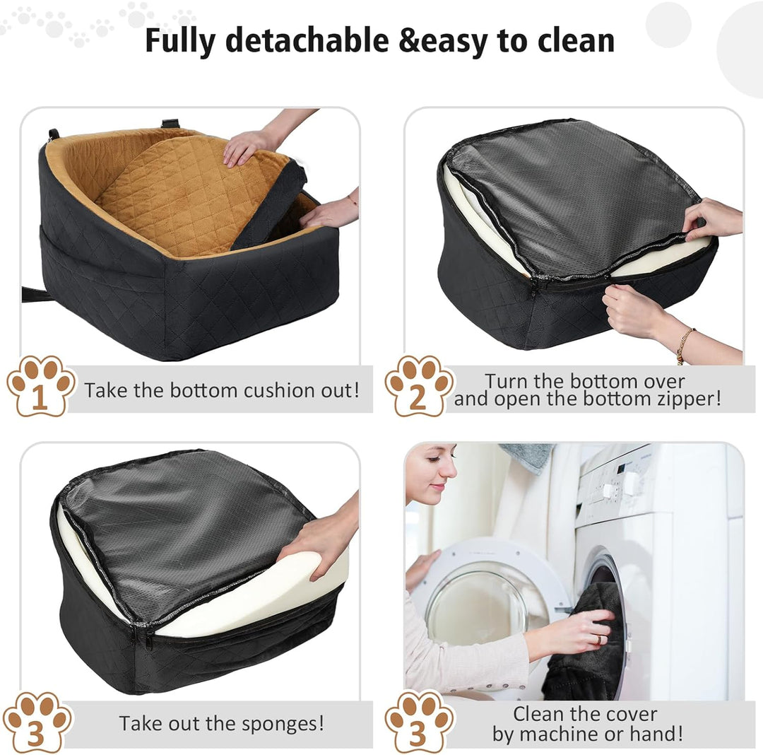 Secure dog car seat with safety belt loop and front storage pocket for treats & leash