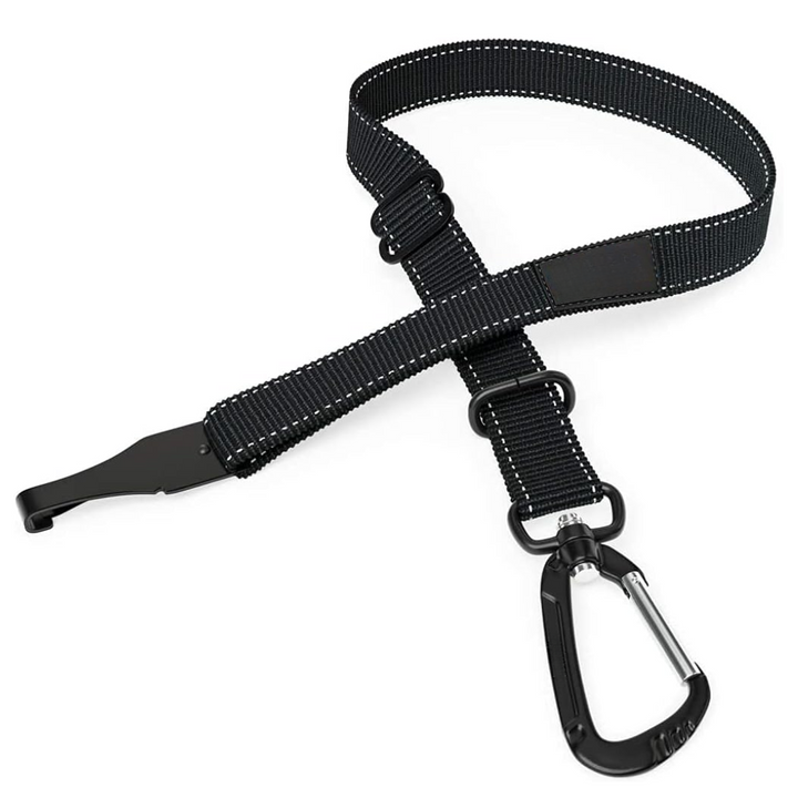 Dog car seatbelt, adjustable pet safety restraint for secure travel, durable nylon webbing.