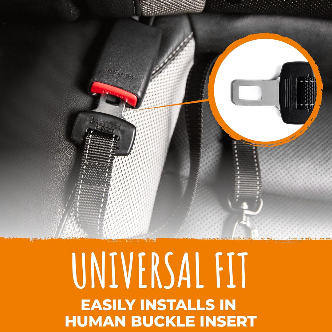 Black nylon dog car seatbelt, animal restraint system for pet safety in vehicles, durable design.