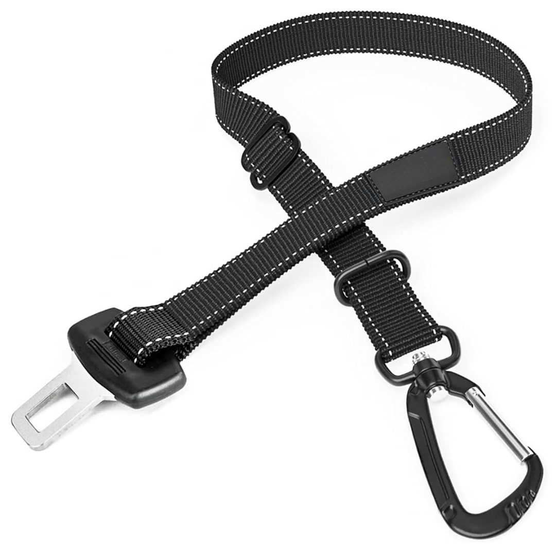 Pet travel gear: dog car seatbelt, black, with metal buckle for pet restraint, enhanced safety.