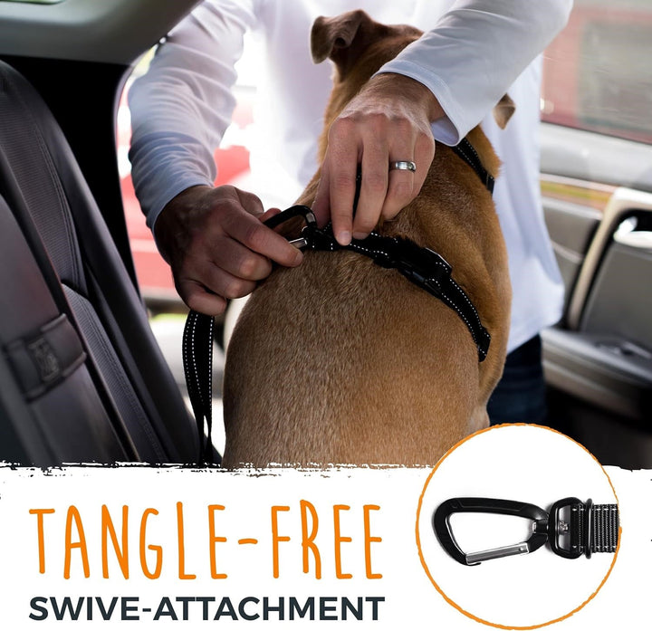 Adjustable car seatbelt for dogs, ensuring pet safety and comfort in vehicles, quick attachment.