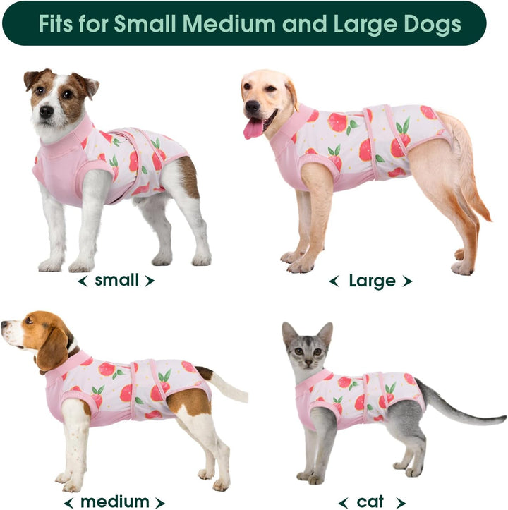Pet recovery suit in various sizes for dogs and cats, essential post-surgical support.