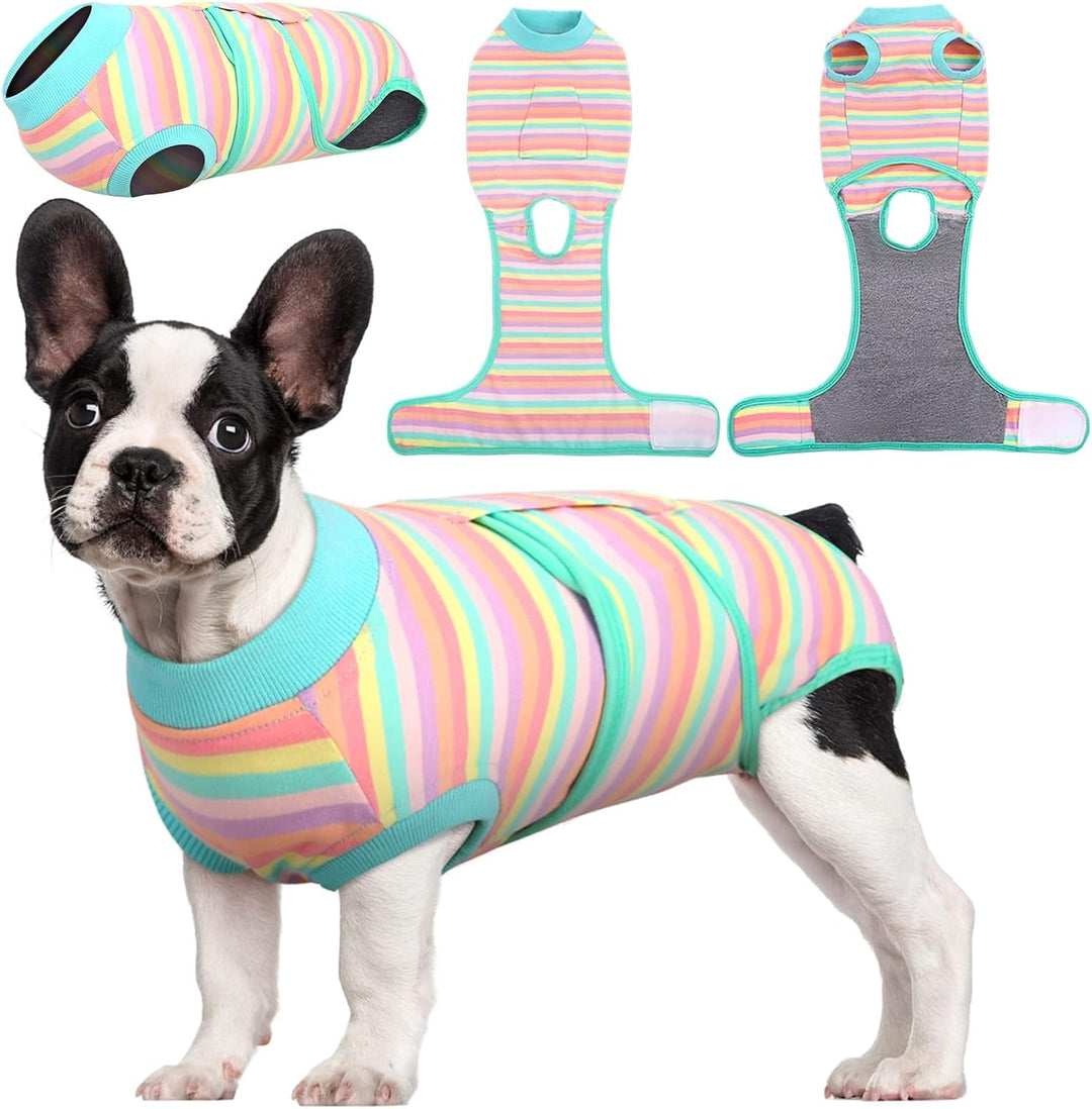Pet recovery suit for dogs and cats, made from breathable fabric for post-surgical care.