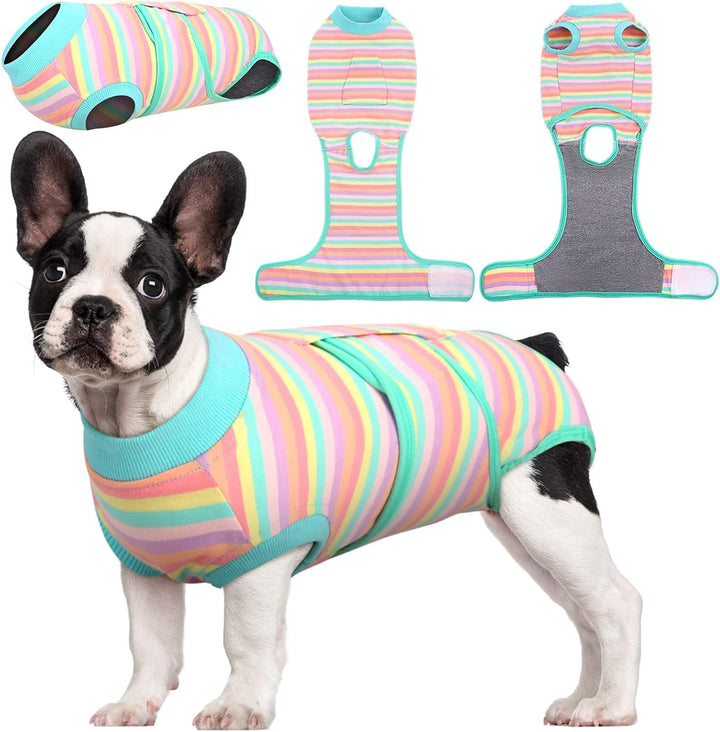 Pet recovery suit for dogs and cats, made from breathable fabric for post-surgical care.