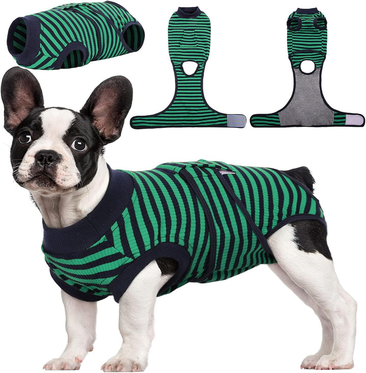 Grey pet post-surgery recovery suit laying flat, showcasing soft, elastic material.
