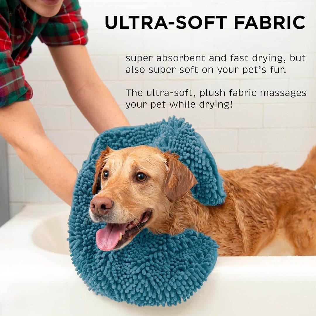 Dog happy after bath, being dried with a gray ultra-absorbent microfiber pet towel.