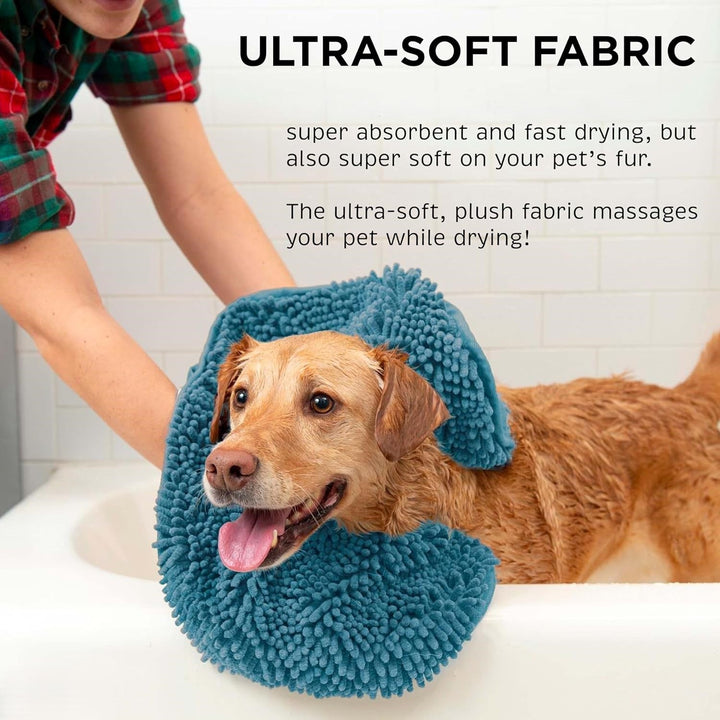 Dog happy after bath, being dried with a gray ultra-absorbent microfiber pet towel.