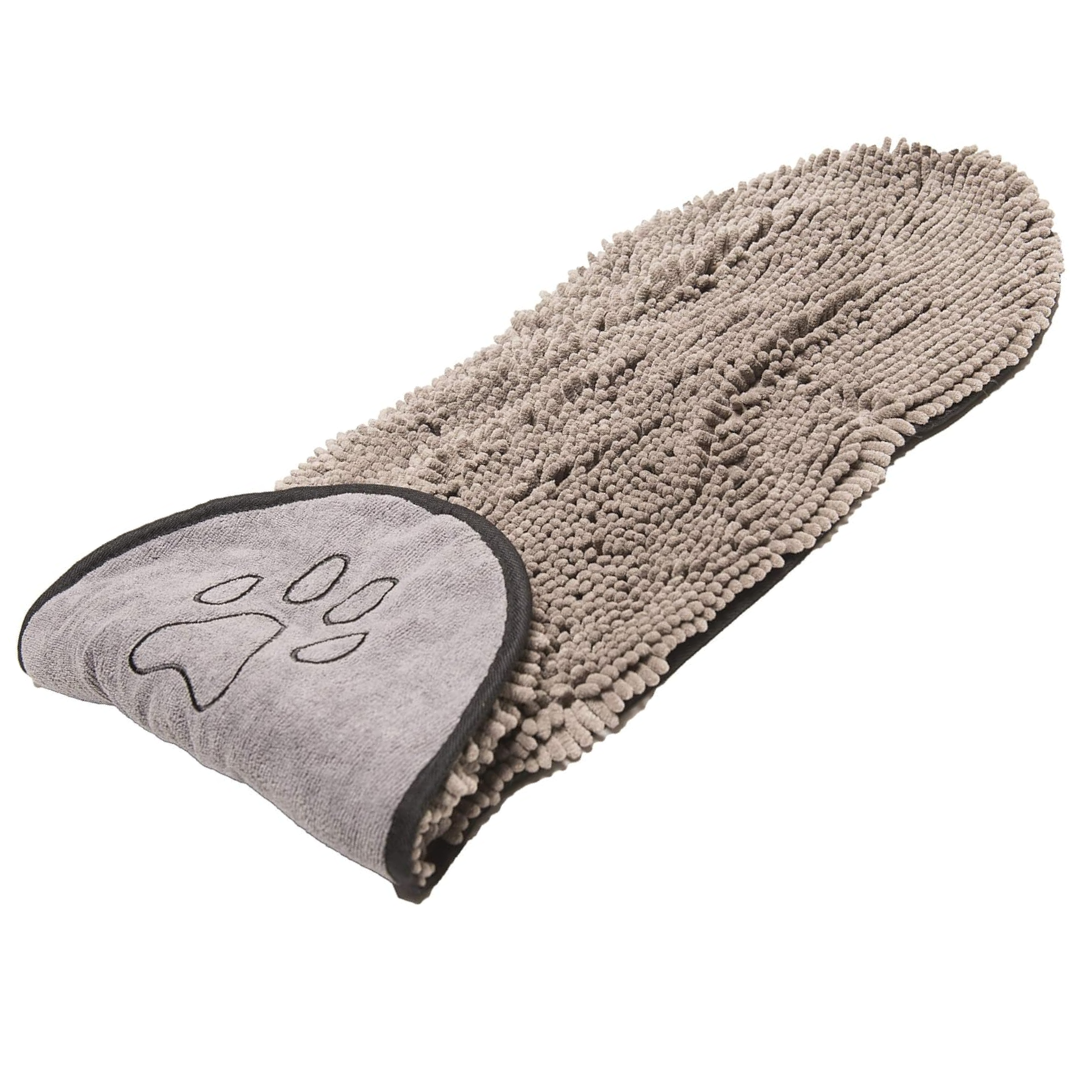Dog drying off with an ultra-absorbent microfiber towel, making bath time easy and effective.