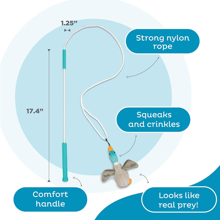Excited dog focused on a tail teaser play stick, perfect for interactive pet exercise