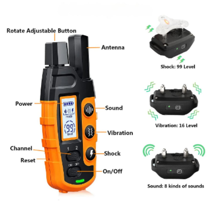 Black dog training collar, shown with remote control for behavior correction & pet obedience.