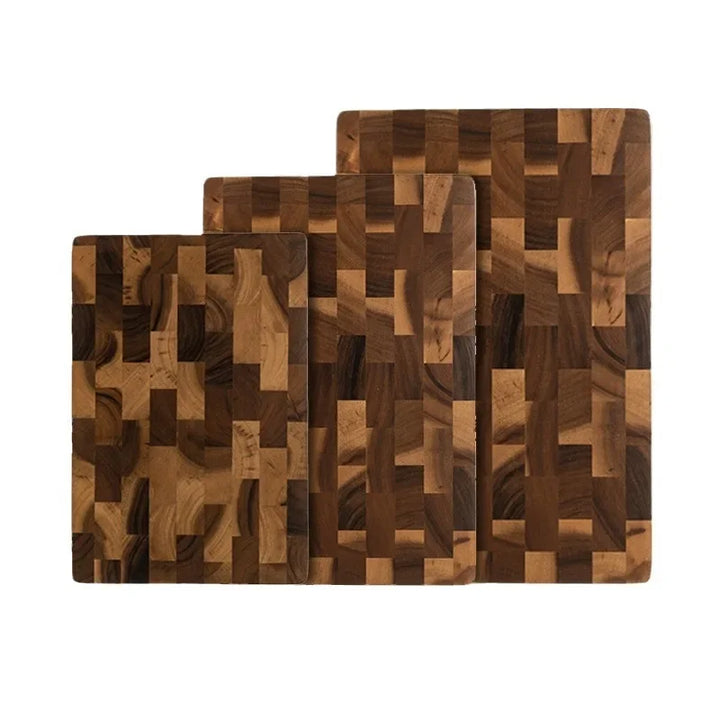 Double-sided acacia wood chopping board with integrated drainage system for hygienic food prep. A kitchen essential.