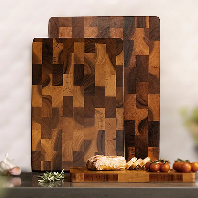 Premium quality acacia wood cutting board featuring unique drainage channels, perfect for sanitary kitchen tasks.