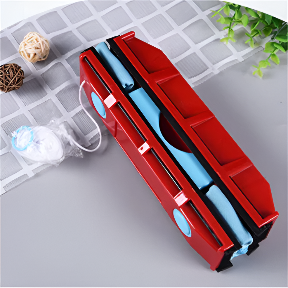 Magnetic window cleaning tool for quick and easy streak-free shine on double-pane glass. Home care solution.